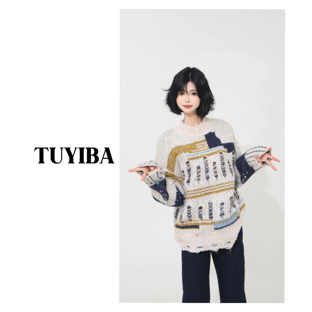 兔兔【霓虹城市】秋冬季新款韩版破洞复古设计感毛衣女针织上衣2394