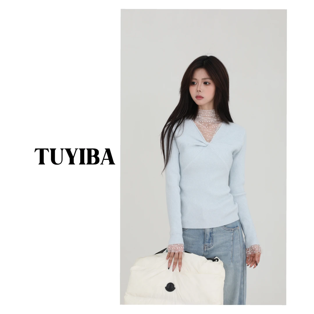 【兔兔】秋冬新款小众设计感蕾丝拼接长袖针织打底衫2258