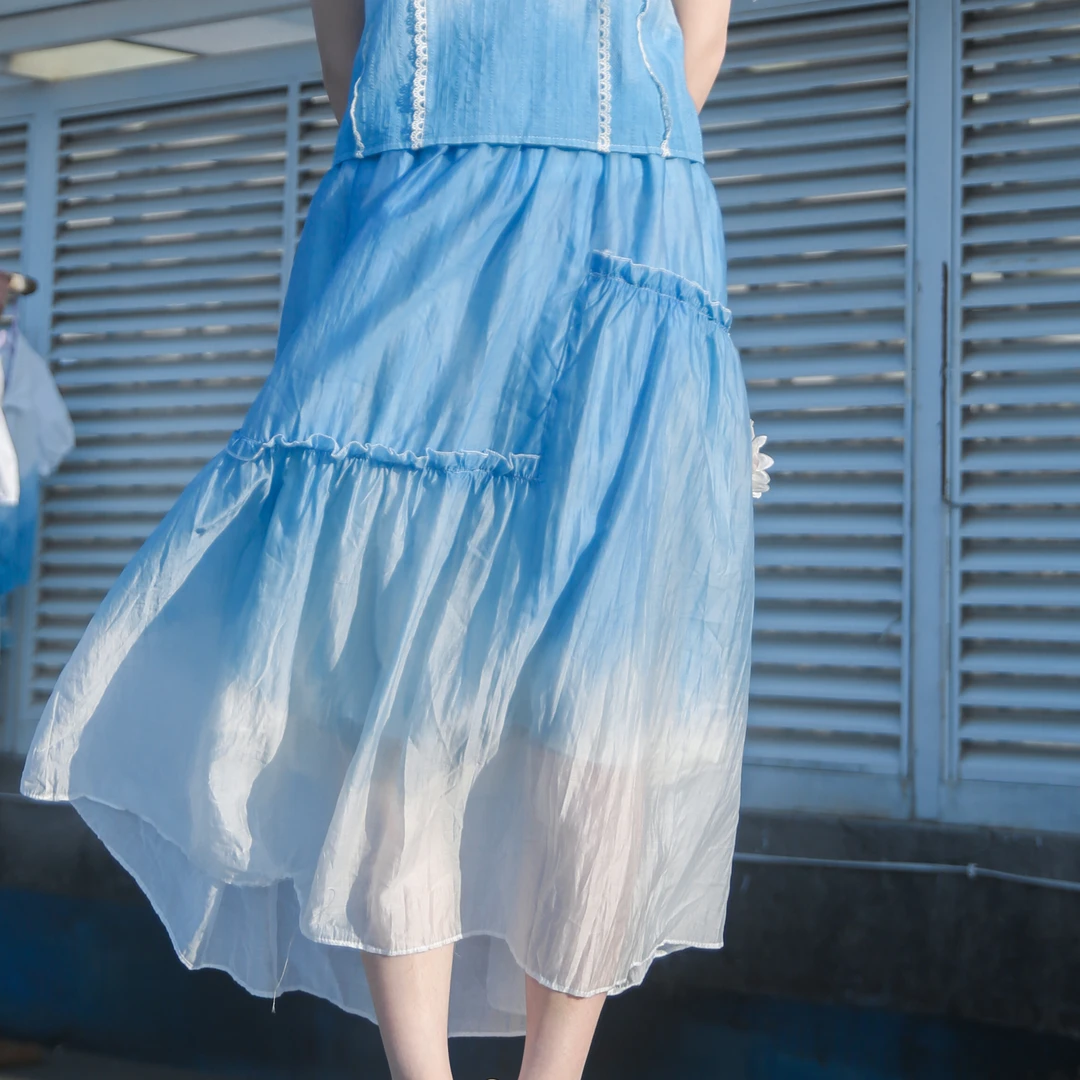 云浅蓝深 扎染气质褶皱半裙