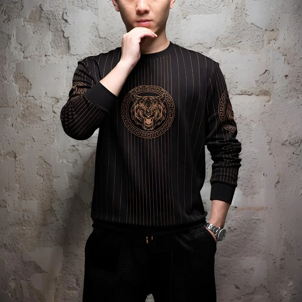 2024早秋新款男士长袖卫衣圆领男装高品质欧版烫钻上衣长袖