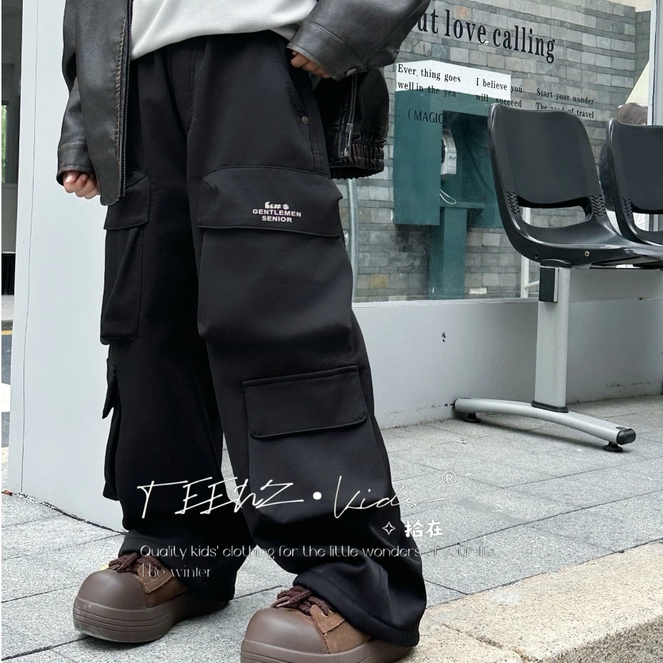 冬款加绒男女中大童亲子宽松直筒工装裤休闲裤