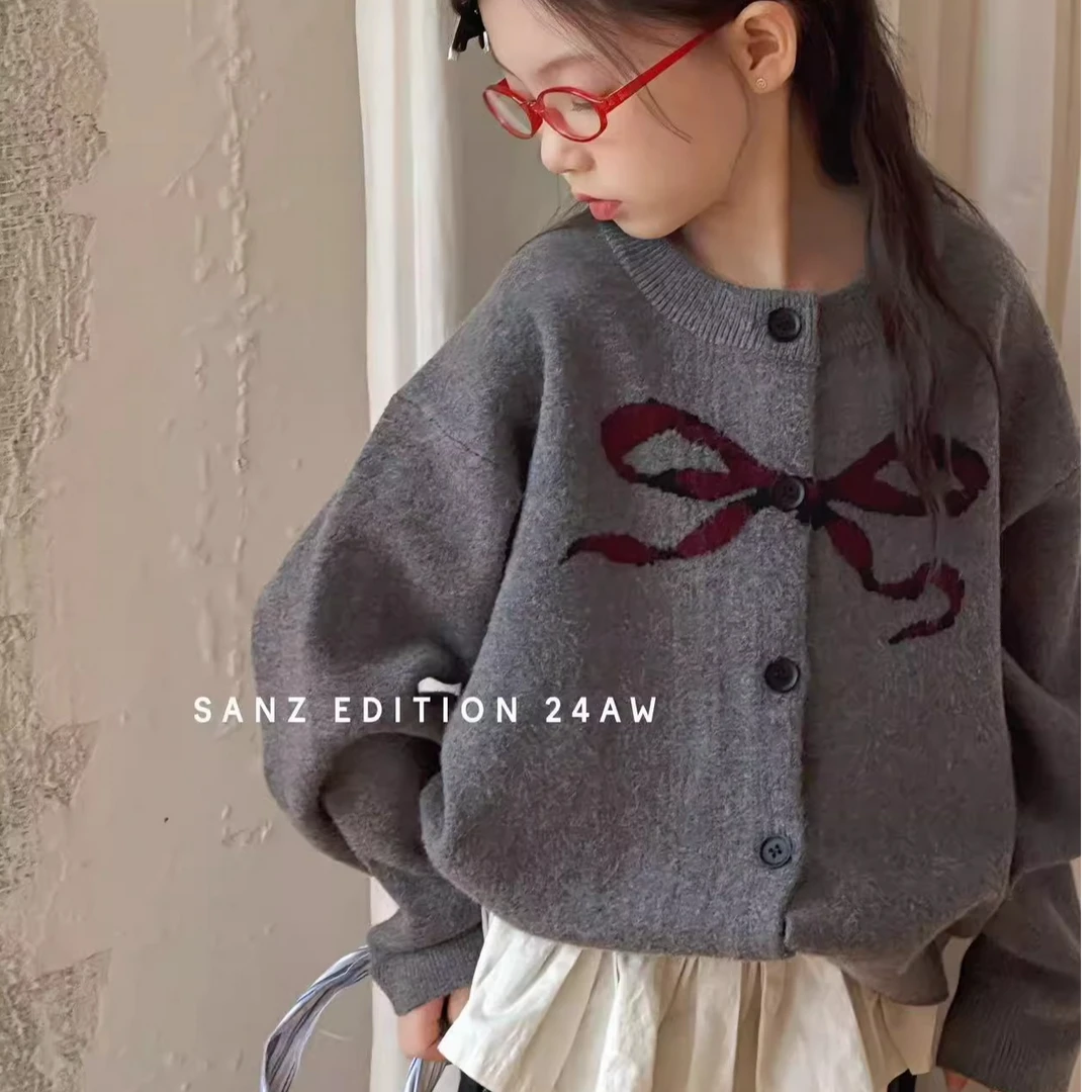 冬款女童蝴蝶结开衫外套毛衣针织衫加厚