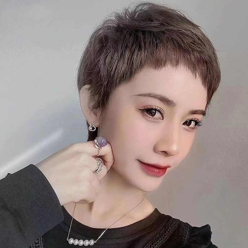头皮真发女短发狗啃刘海假发套新款时尚自然全头套真发全真人发丝