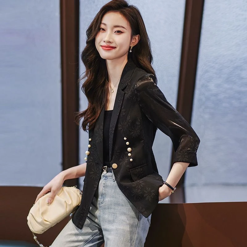 提花七分袖小西服女2025年大码女装夏季新款轻奢西装外套女薄款