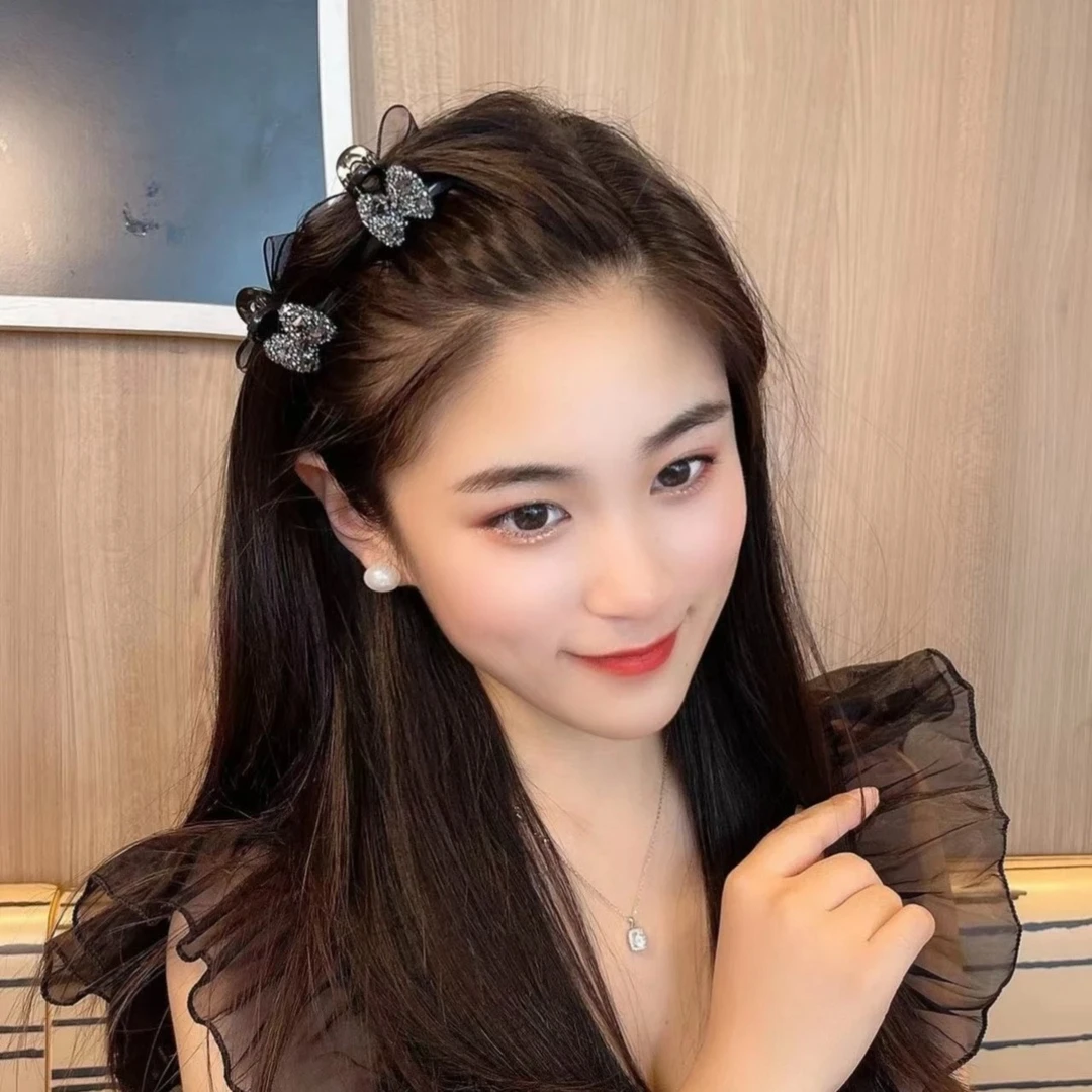 点砚双面闪钻网纱蝴蝶结小抓夹公主头发夹侧边刘海抓夹前额夹子女