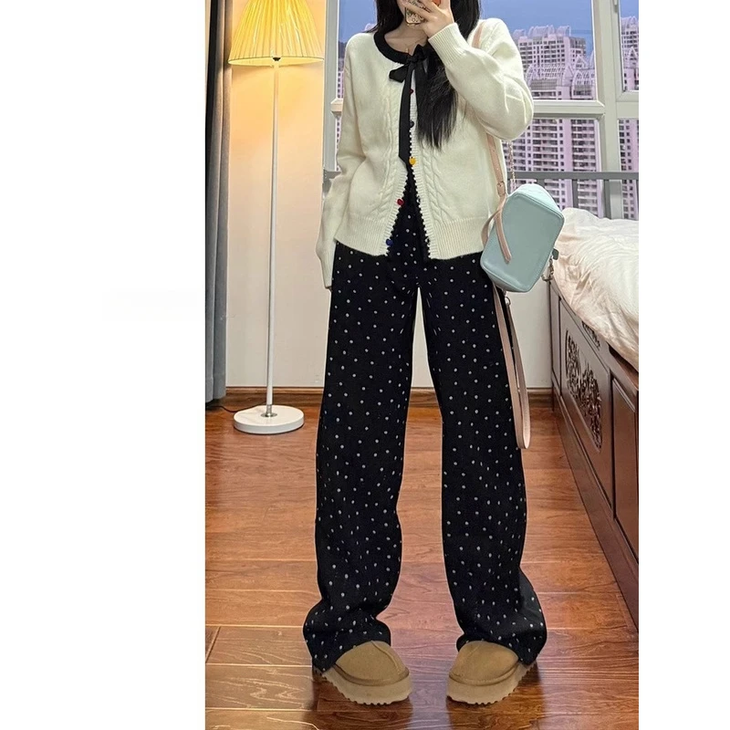 高个子复古黑色波点牛仔裤女秋季新款高腰宽松显瘦直筒阔腿拖地裤