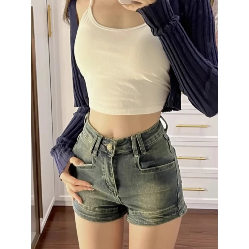 复古洗水牛仔短裤女夏季美式辣妹显瘦短裤薄款高腰直筒a美式裤子