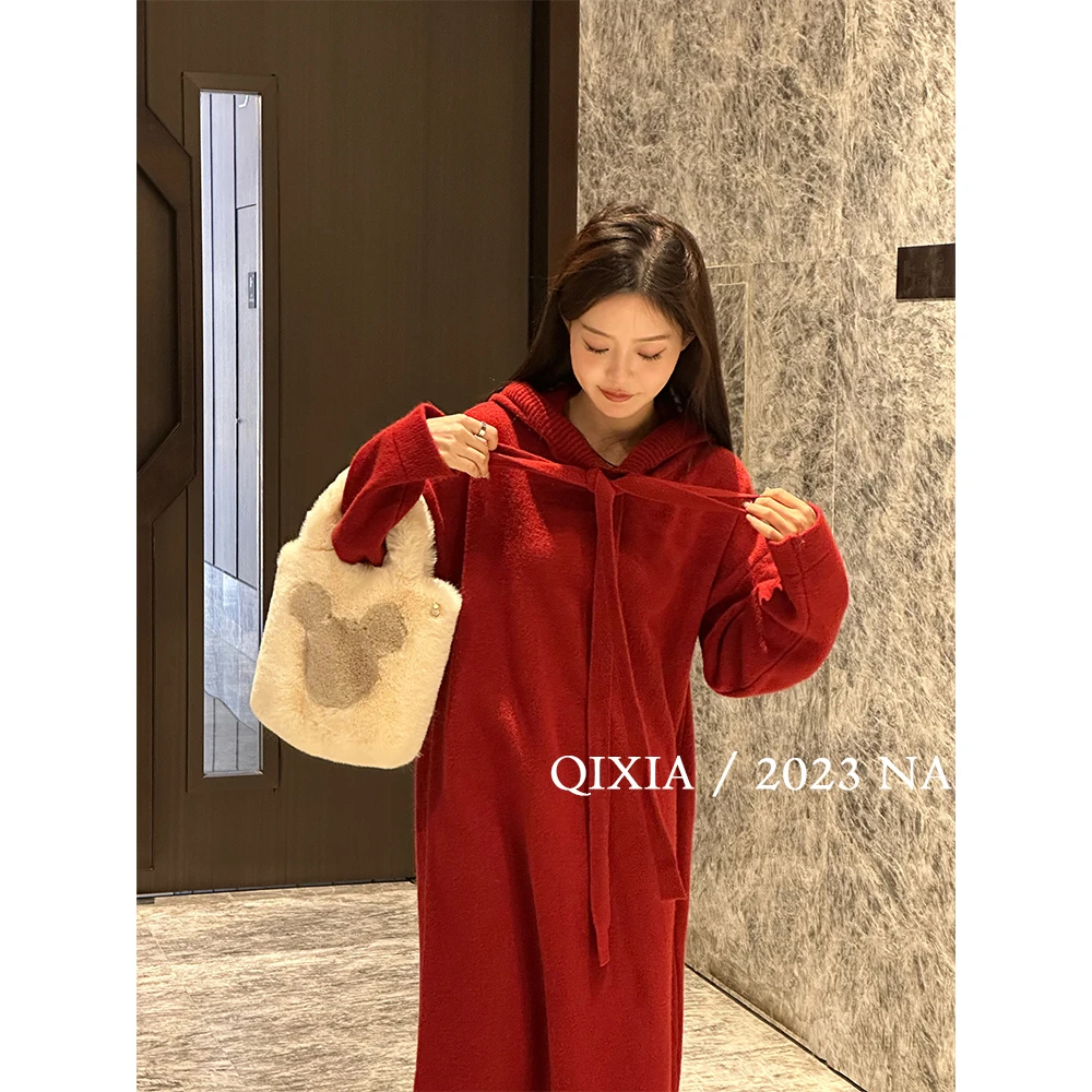 【暴美暴富】冬季新款韩版百搭中长款毛衣连衣裙内搭红色过年毛衣裙