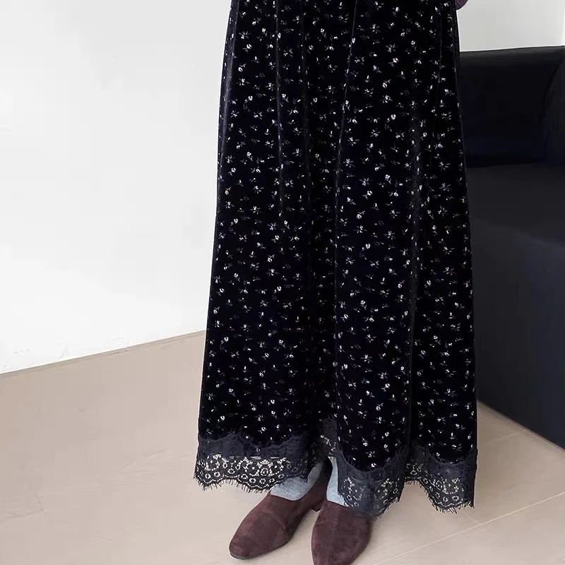 【蕾丝碎花丝绒半裙】加绒加厚软糯舒适显瘦甜美精致中长款半裙