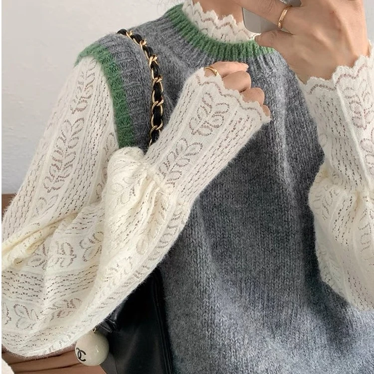 甜糯2025蕾丝立领内搭长袖针织打底衫春秋镂空洋气上衣百搭宽松