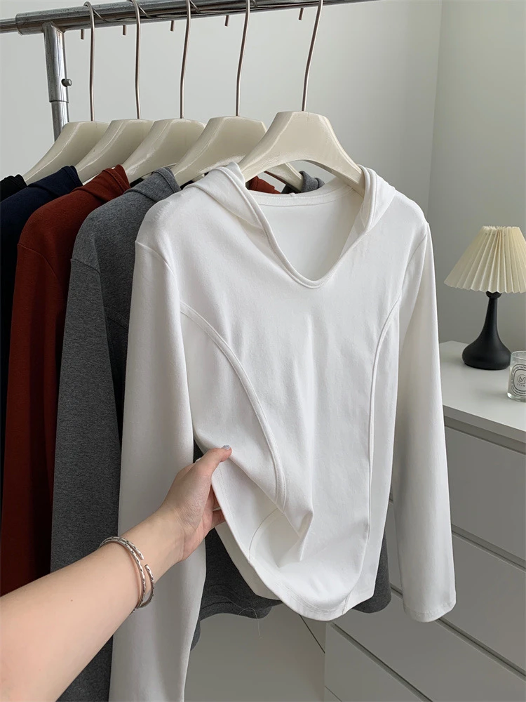 【连帽T恤】宽松舒适软糯连帽百搭显瘦长袖T恤春秋休闲纯色设计感GG