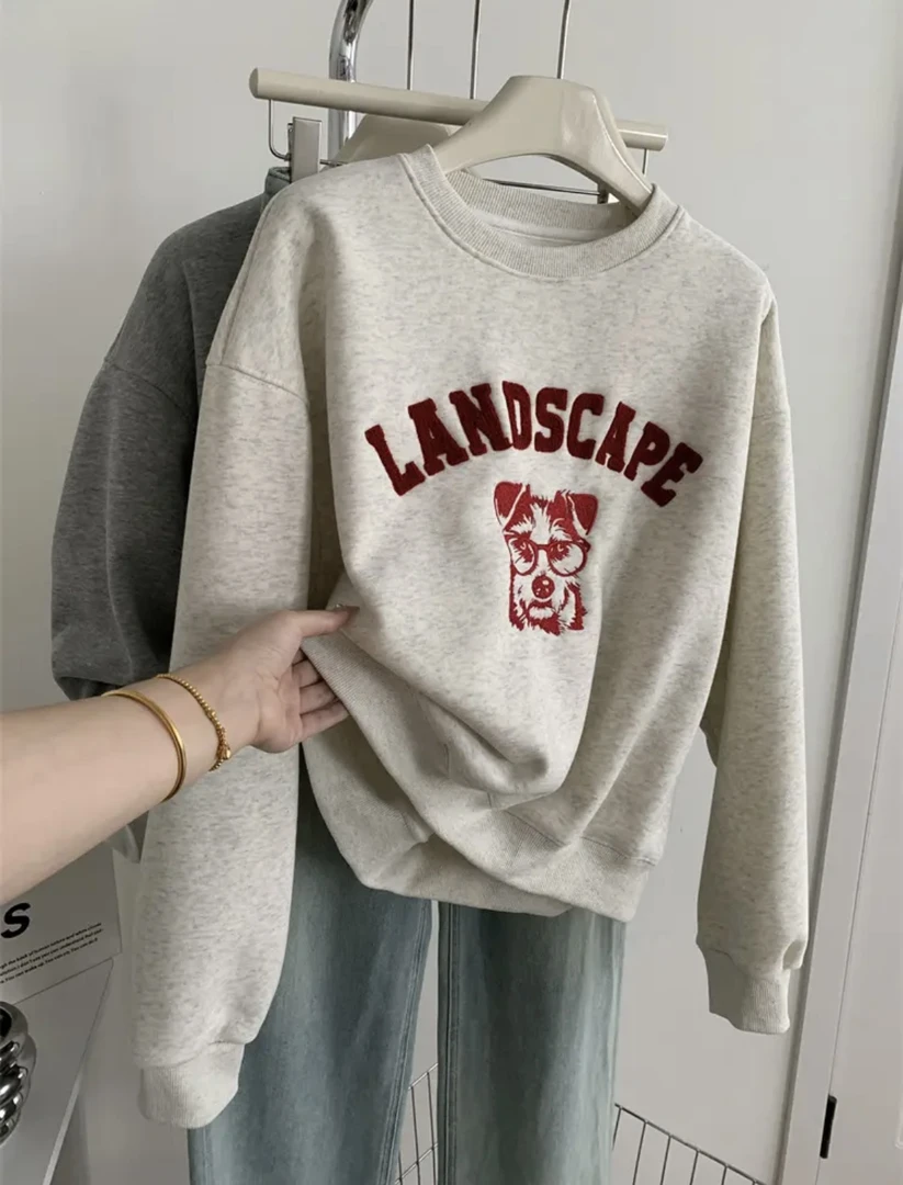 【美式狗狗加绒卫衣】圆领加绒加厚刺绣宽松显瘦卫衣韩版休闲insWN