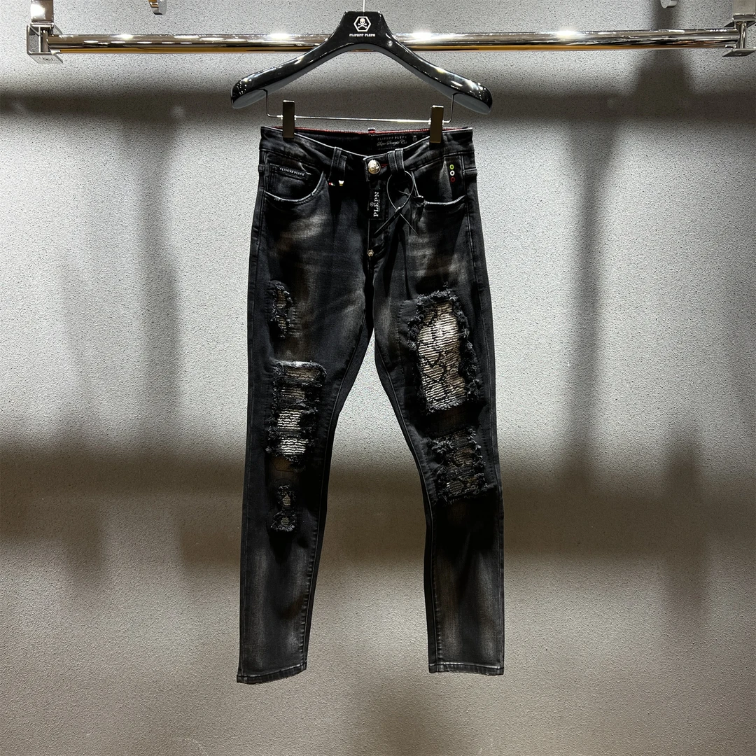 正品PP新款海龙纹高端男士修身水洗欧美破洞牛仔裤6629男牛仔
