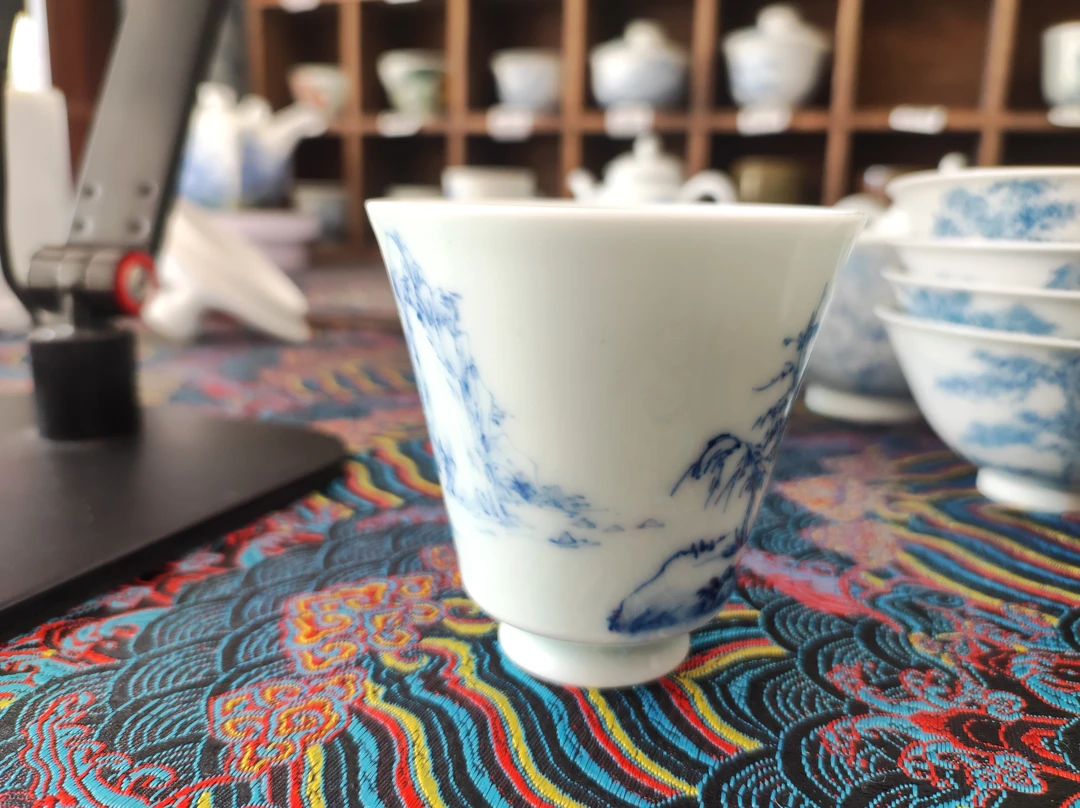 80ml陶瓷闻香杯(外面手绘山水画面)主人杯茶杯青花白瓷品茗杯茶具