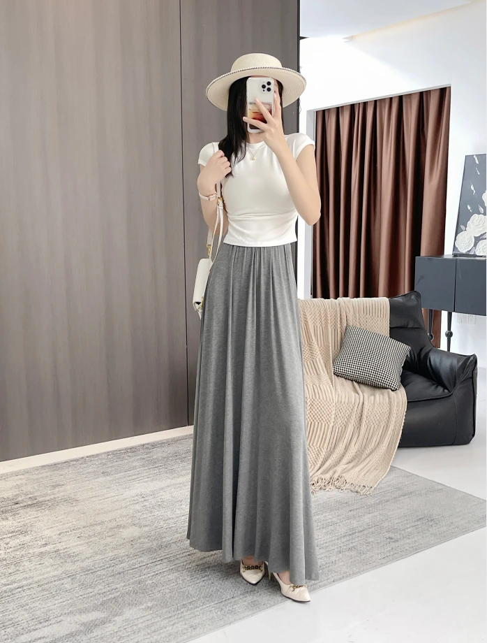 复古高腰褶皱半身裙女夏宽松休闲大摆裙垂感长裙A字裙子YF连衣裙