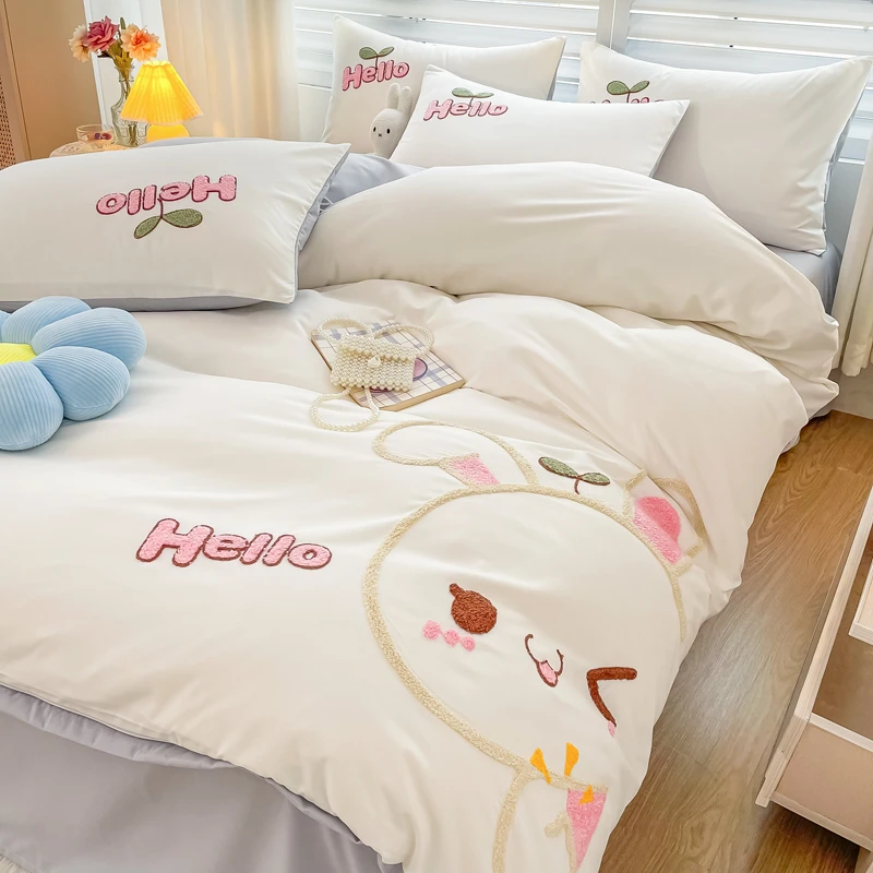 秋冬家居毛巾绣四件套床上用品非全棉纯棉可爱床单被套宿舍三件套