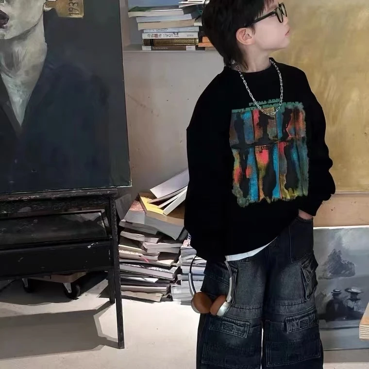 儿童卫衣秋装男孩韩版洋气百搭休闲服男童新款抽象派印花套头上衣