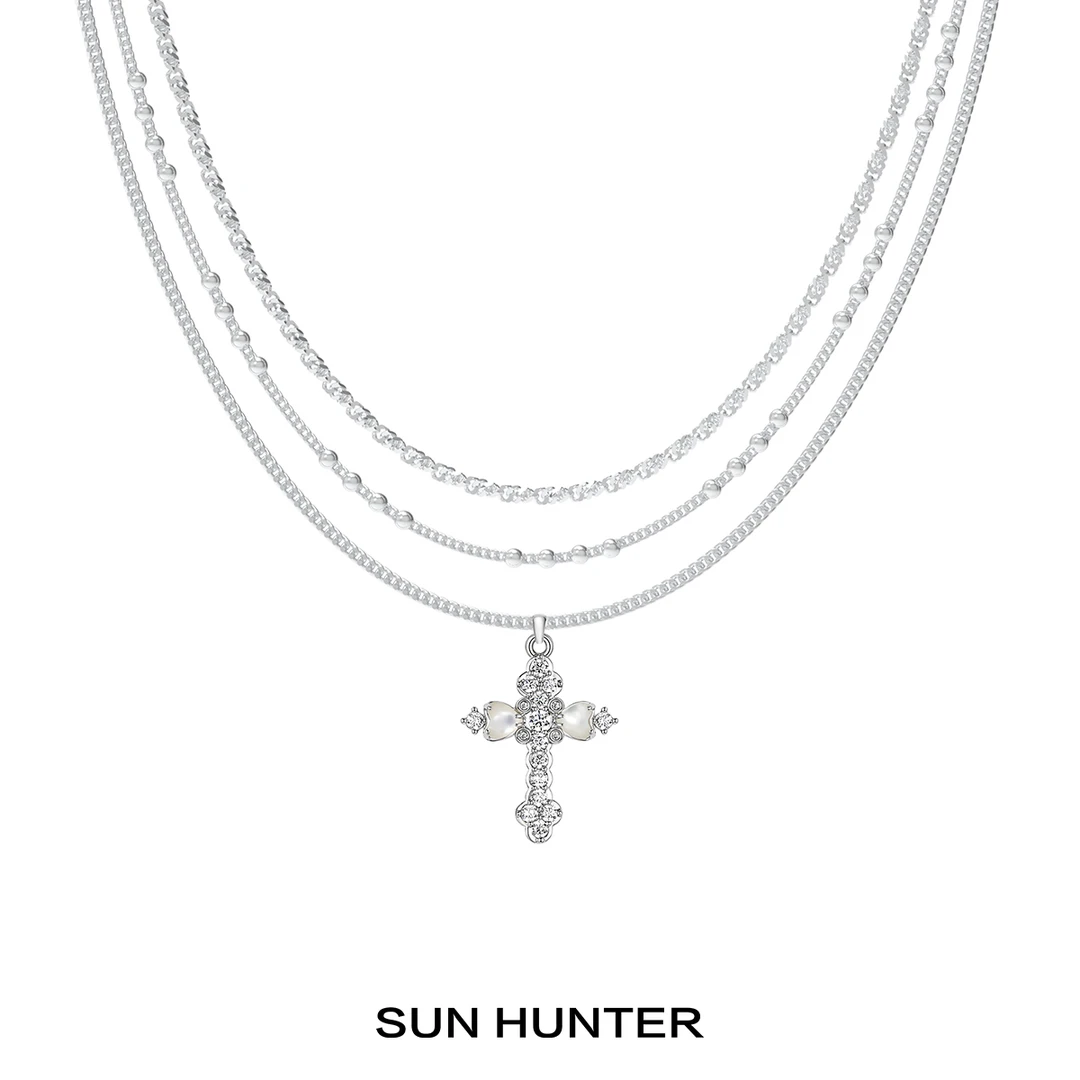 铜合金项链 三横SUN HUNTER原创三层花瓣十字架素链小众百搭坠链
