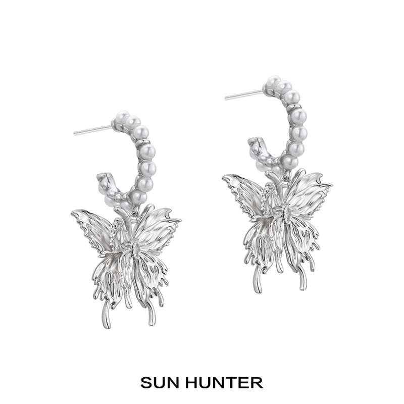 铜合金合成锆石耳饰 三横SUN HUNTER原创串珠蝴蝶耳圈甜酷辣妹
