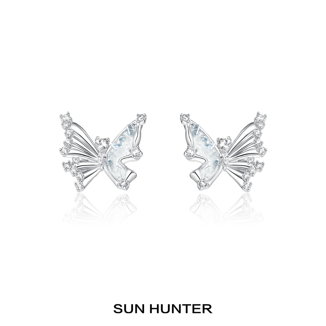 铜合金耳饰 三横SUN HUNTER原创拼接蝴蝶耳钉 小众设计锆石耳饰女