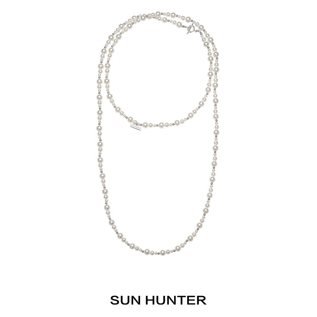 铜合金仿珍珠项链 三横SUN HUNTER原创1.2米长款珠珠项链OT毛衣链