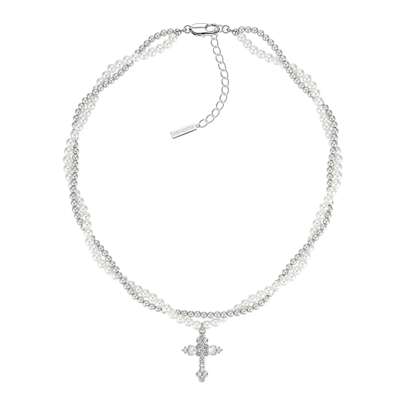 铜合金仿珍珠项链 三横SUN HUNTER原创珠珠缠绕十字架项链叠戴女