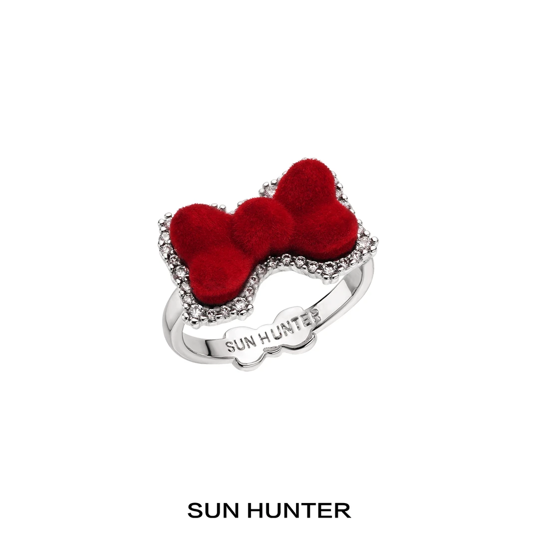 铜合金合成锆石戒指 三横SUN HUNTER原创植绒蝴蝶结开口戒指小众