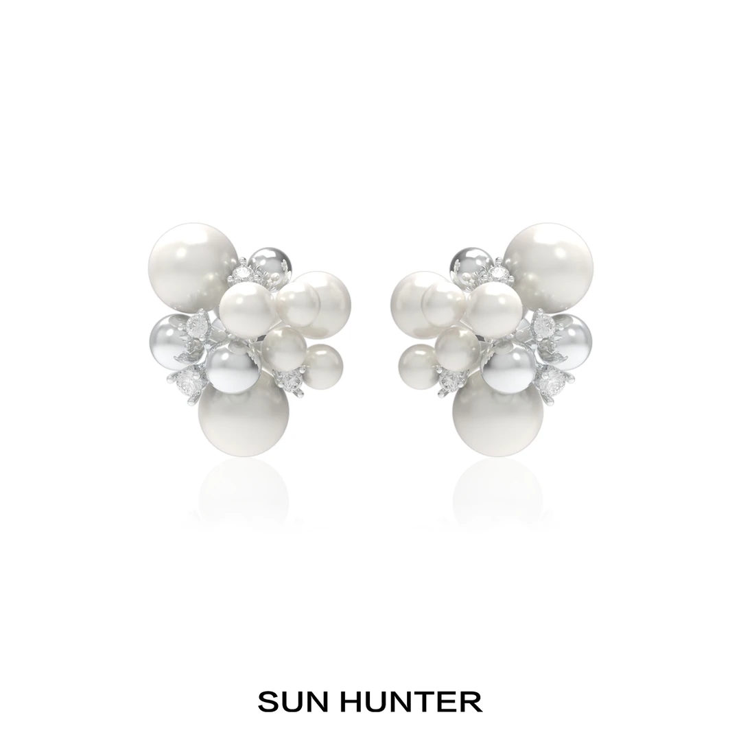 铜合金仿珍珠耳饰 三横SUN HUNTER原创花束珠耳钉欧若风轻奢耳环