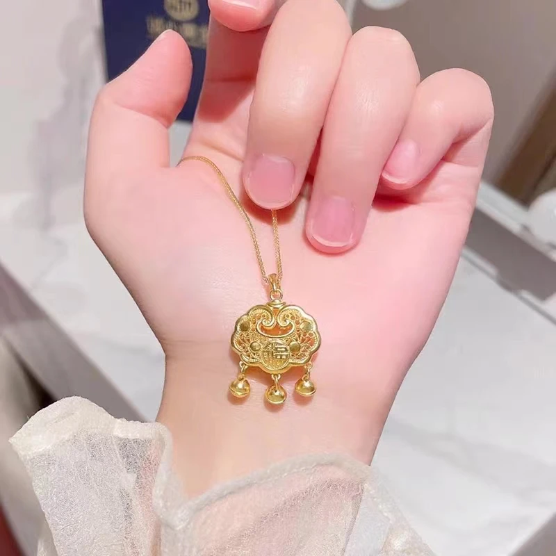 平安锁项链女福字长命锁吊坠镂空铃铛锁骨链X819