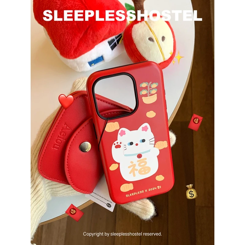 失眠招待所 可爱招财猫集福啦！龙年福到红色韩国二合一苹果手机壳