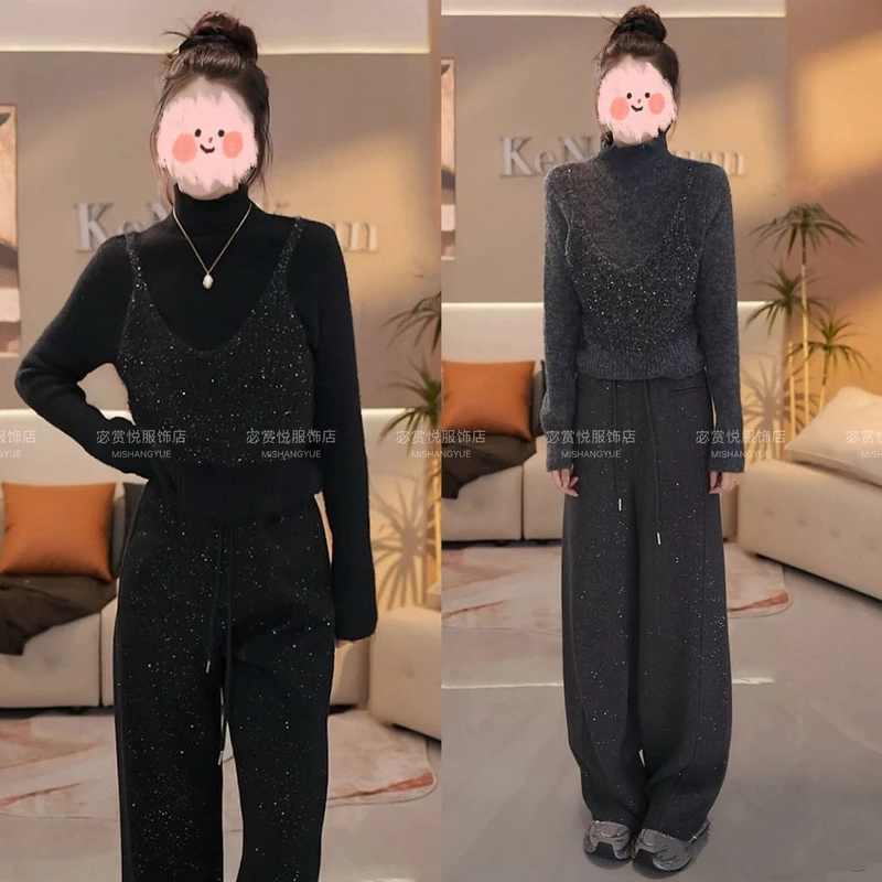 冬季显瘦气质时尚重工假两件高领毛衣+烫钻阔腿裤两件套休闲套装