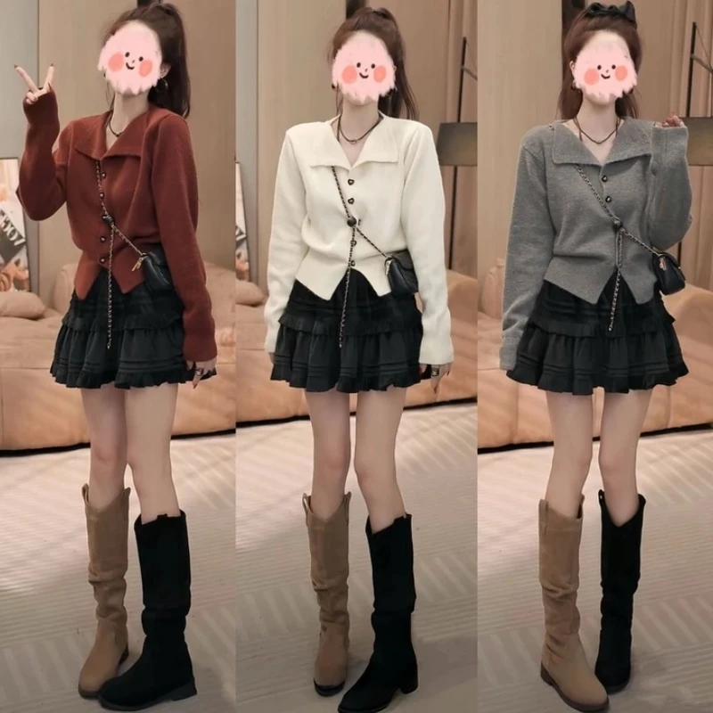 2024秋冬小个子百搭服饰流行一整套气质开衫毛衣+高腰显瘦半身裙