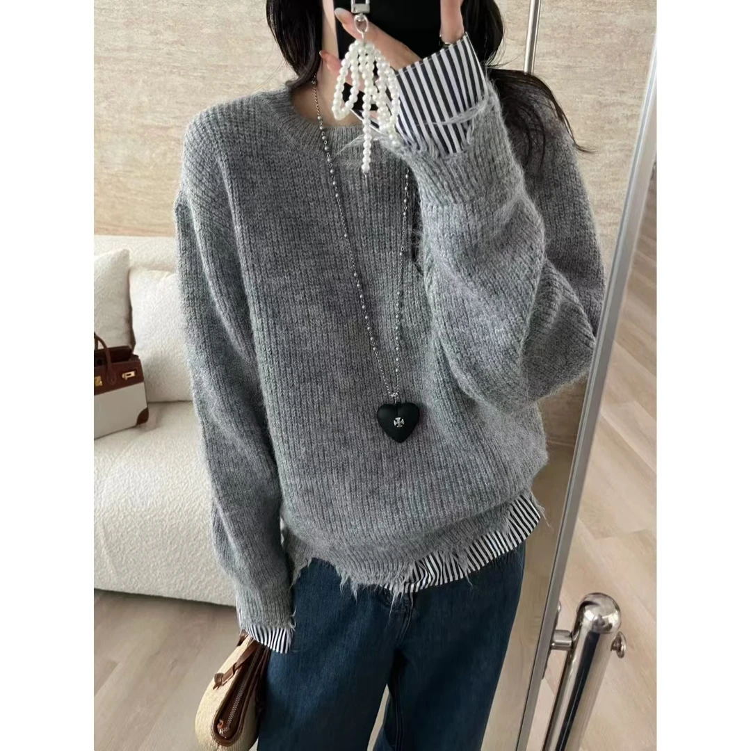 SP【温暖定律】 设计感不规则流苏拼接条纹圆领针织衫上衣 百搭外穿