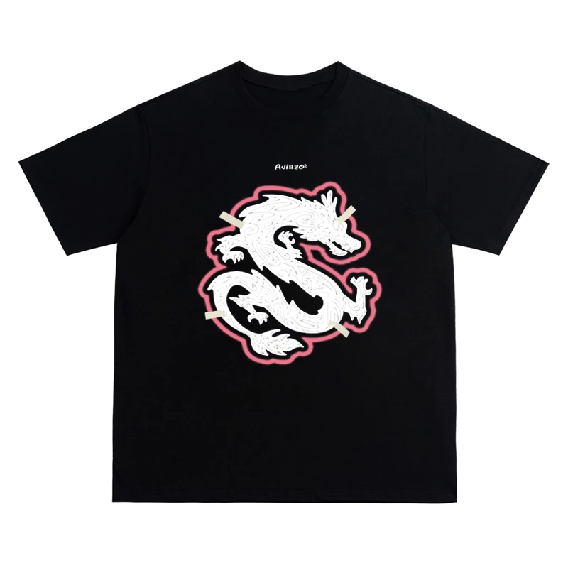 AJIAZO【龙纹】发泡 重磅纯棉男女同款宽松t恤 美式复古印花短袖