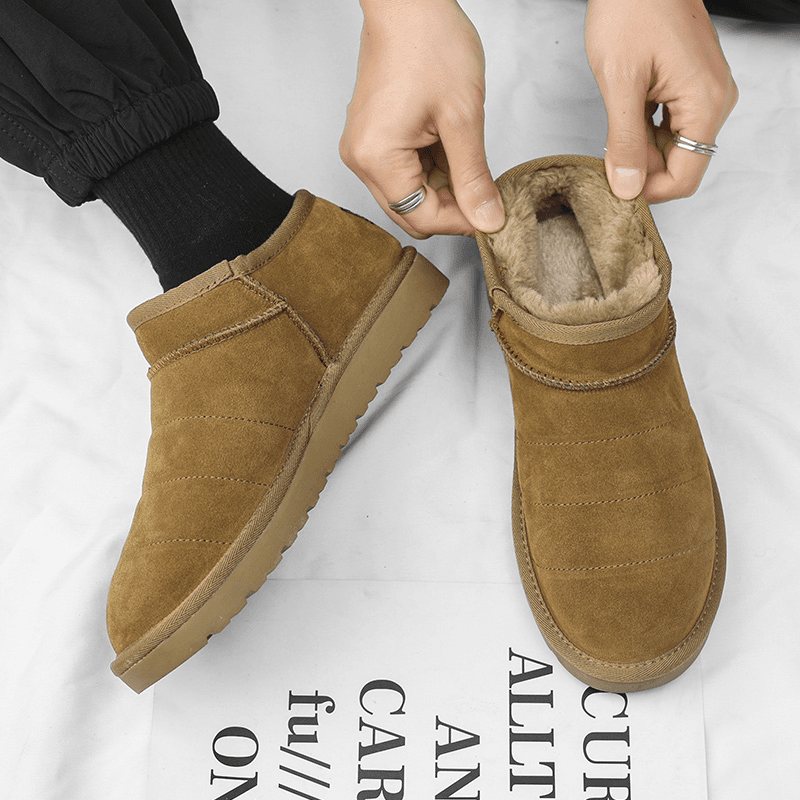 低帮东北雪地靴秋冬新款英伦风牛皮冬季加厚加绒保暖一脚蹬棉鞋男
