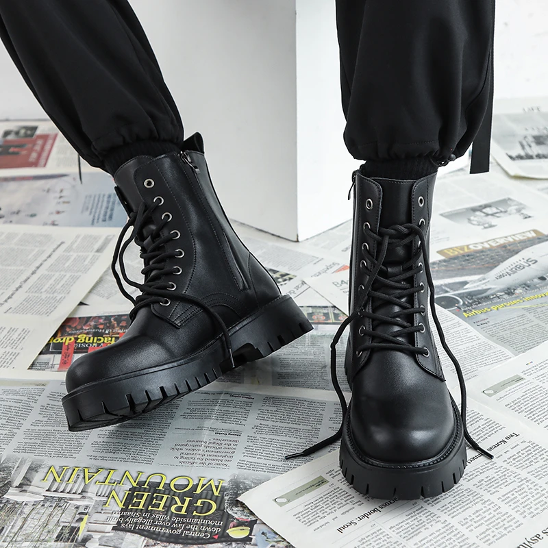 英伦风黑色马丁靴男高帮工装皮靴子男士真皮高筒机车潮切尔西男靴
