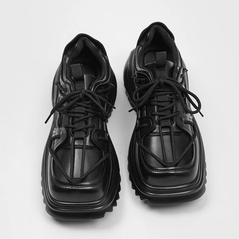 巴黎原创小众方头男士厚底增高老爹鞋个性绑带休闲德比皮鞋情侣款