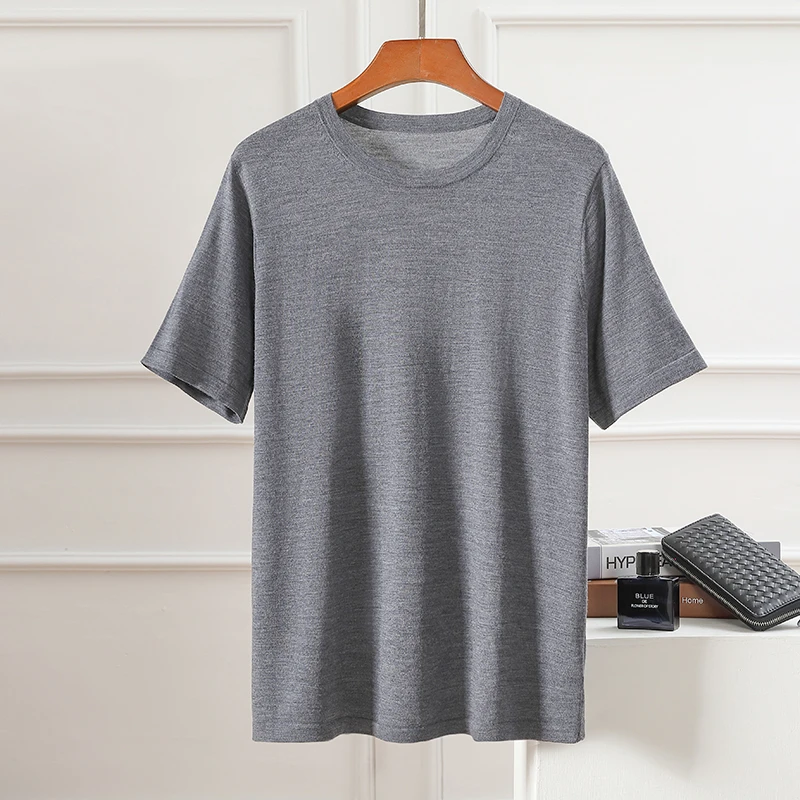 100纯羊毛精纺薄款男士圆领短袖T恤背心打底衫L155PR1031