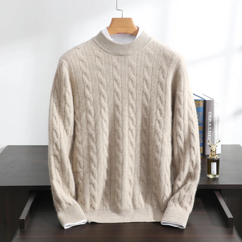 100纯山羊绒男圆领双线加厚麻花打底针织衫毛衣L500AK016