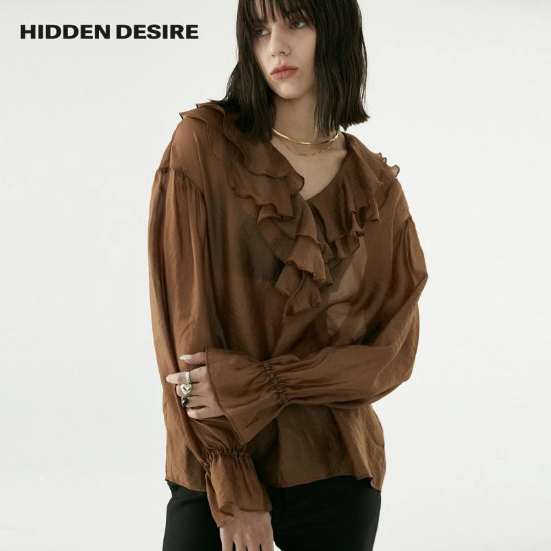 HIDDENDESIRE设计感新款荷叶v领透视长袖衬衫上衣女6224CS0130