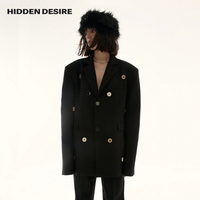 HIDDENDESIRE纽扣钉扣设计感时尚廓形黑色西装外套6223CC0056-5