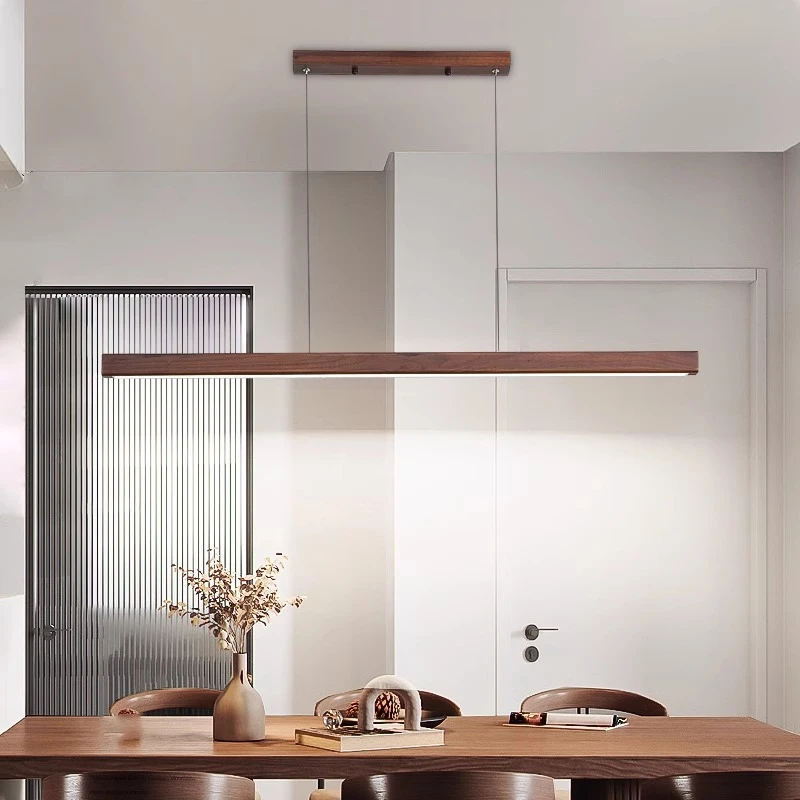 北美黑胡桃木餐厅吊灯新中式禅意实木灯极简一字长条茶室吧台吊灯
