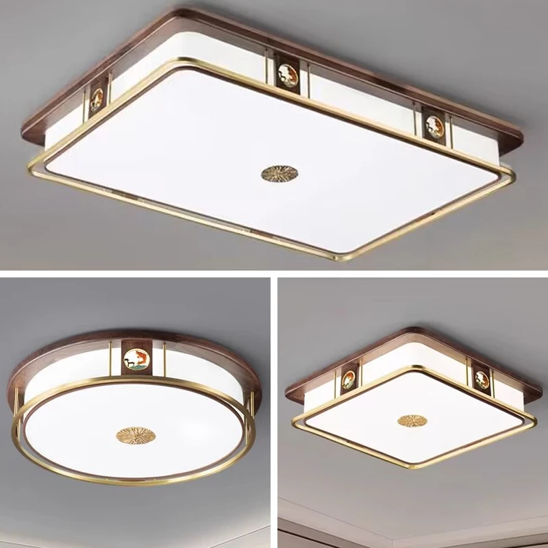 北美黑胡桃木客厅灯全铜轻奢新中式长方形吸顶灯房间卧室书房灯具