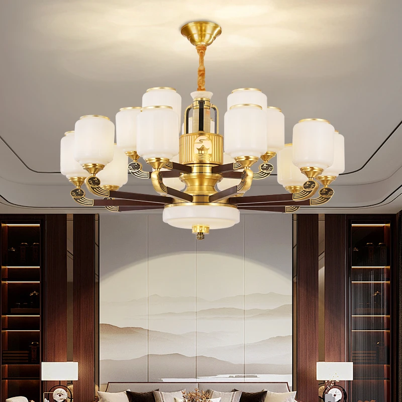 新中式全铜吊灯客厅灯简约大气中国风禅意实木复式楼别墅大吊灯