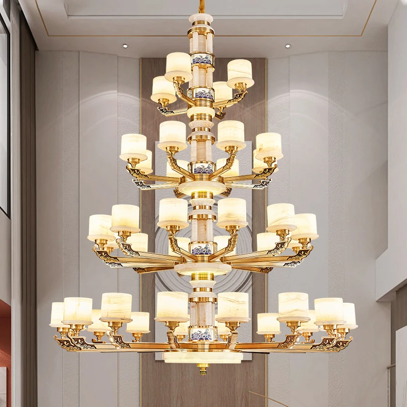 新中式国风客厅吊灯玉石灯罩全铜别墅大吊灯餐厅家居灯2024新款