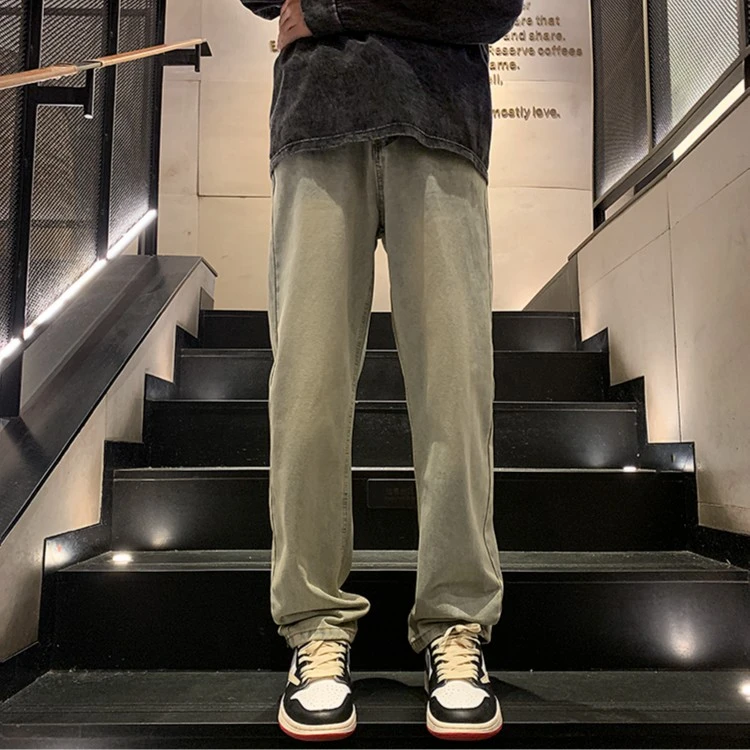 美式牛仔裤男款夏季水洗做旧小众黄泥染长裤潮牌高街宽松直筒裤子