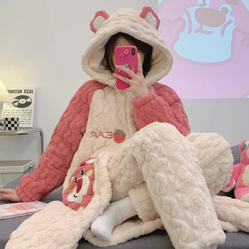睡衣女三层夹棉袄加厚加绒秋冬季珊瑚绒保暖法兰绒新款套装家居服