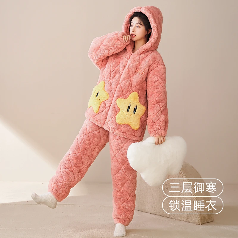 睡衣女秋冬珊瑚绒三层夹棉女士可外出冬季爆款加厚加绒套装家居服
