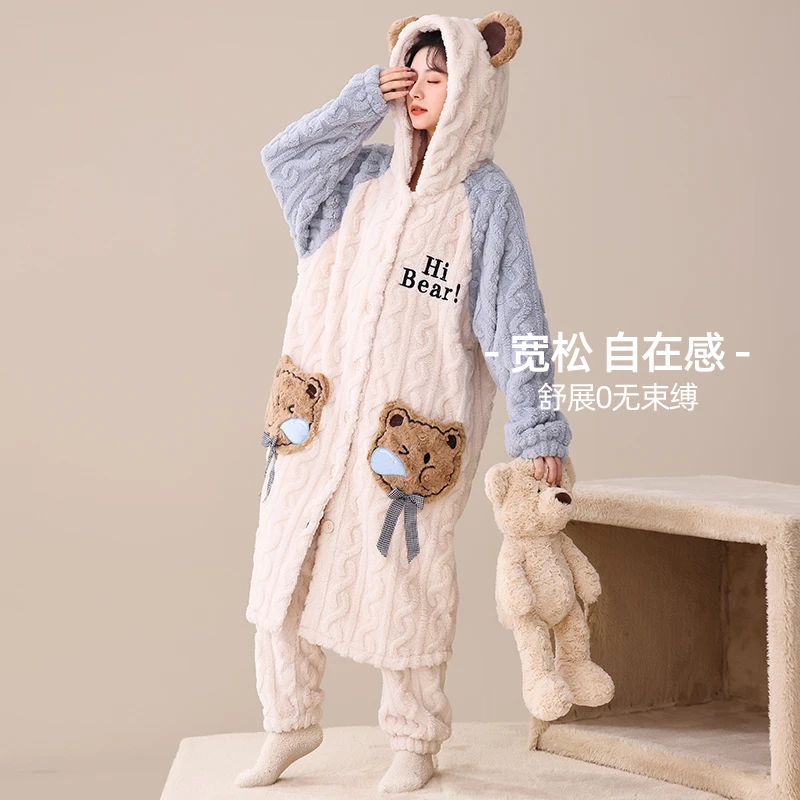 睡衣女秋冬季2023年新款珊瑚绒加绒加厚睡袍绒款中长法兰绒家居服