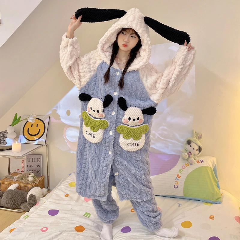 睡衣女秋冬珊瑚绒加厚加绒睡袍套装冬季女士高颜值可外穿家居服